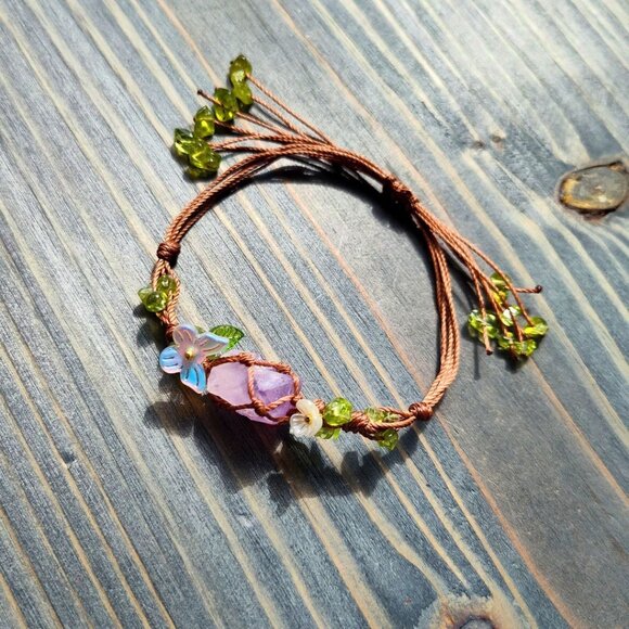 Amethyst Crystal Flower Bracelet Adjustable Macrame Cottagecore Jewelry - Picture 2 of 3
